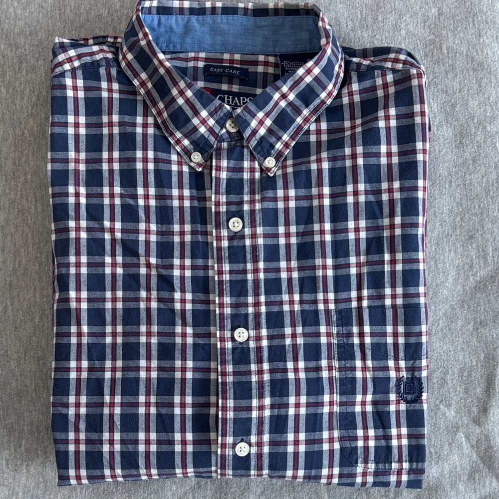 Chaps Men's Navy Plaid Button Down Shirt Size XL Easy Care Lightweight